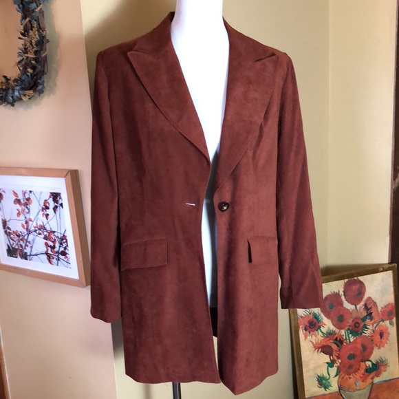HUGO BUSCATI Size 6 Extra-Long Blazer Microfiber Cinnamon Brown Career Casual EU - Picture 2 of 11